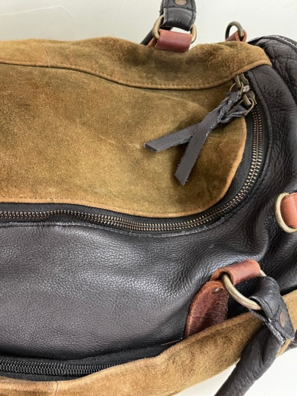 FREE PEOPLE Olive Green Suede with Brown & Black Leather Tote/Travel Bag - Picture 5 of 11